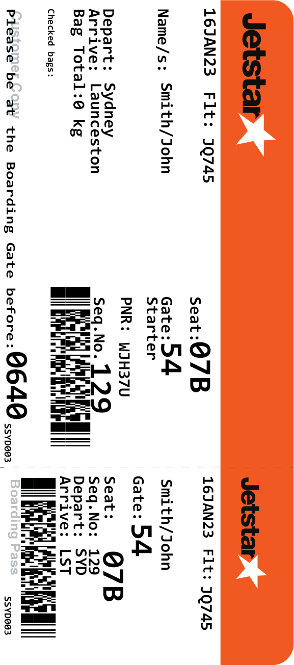 Jetstar Boarding Pass Ticket